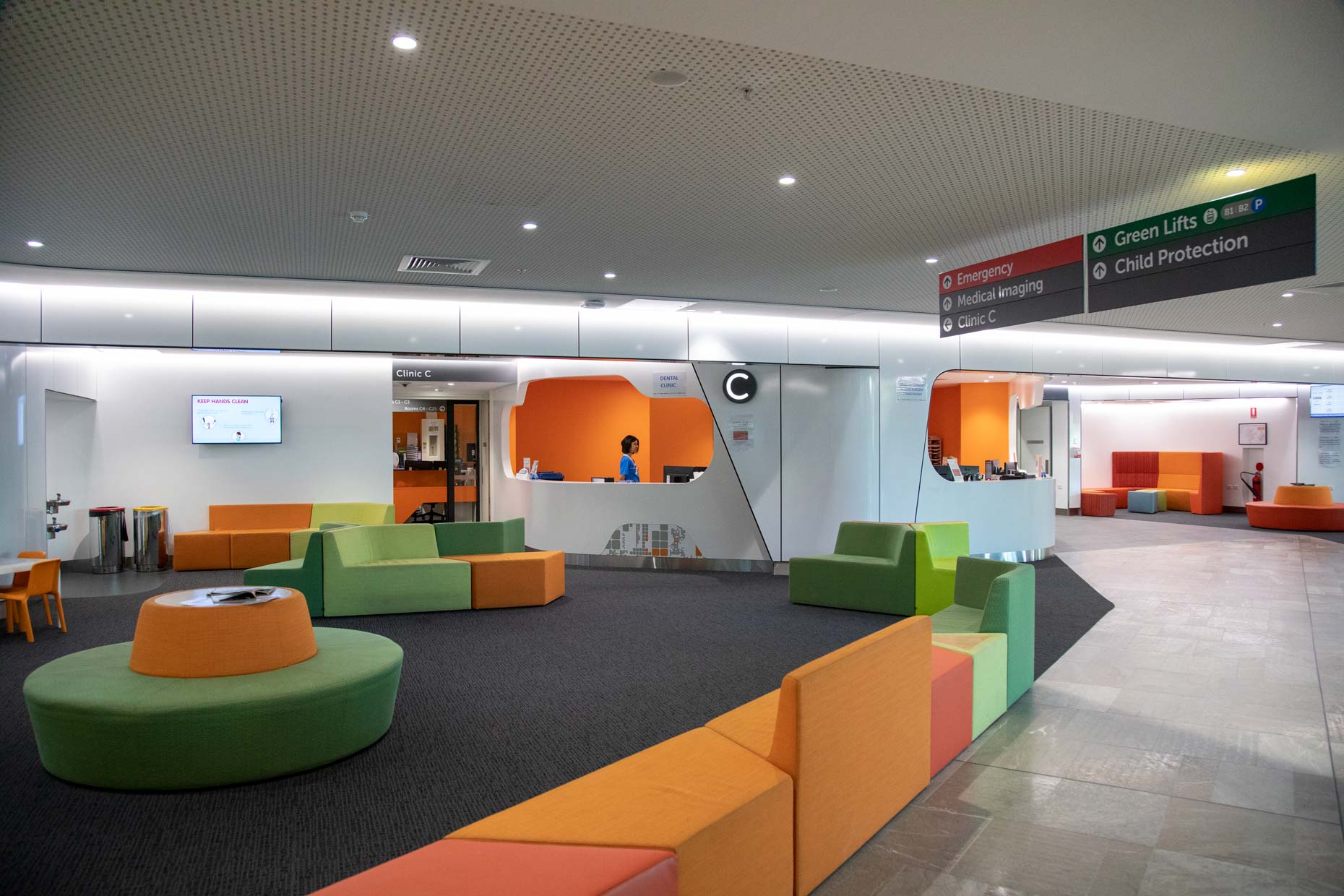 architectural photography. Clinic waiting area and reception at Perth Children